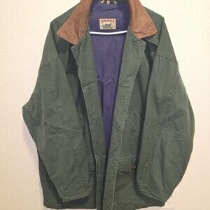 Vintage Adirondack Field Jacket Green Leather Collar Barn Coat Outdoors Men’s XL